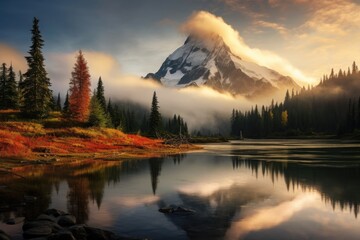 Wall Mural - Mount Rainier National Park, Washington, United States of America, View from Picture lake of Mount Shuksan while the sunrise breaks through a incoming storm during the fall season, AI Generated