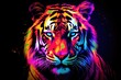 Tiger head in the colorful lights. Illustration of a tiger, Tiger. Abstract, multicolored, neon portrait of a tiger looking forward, AI Generated