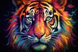 Colorful tiger head on colorful background. Abstract tiger portrait. Vector illustration, Tiger. Abstract, multicolored, neon portrait of a tiger looking forward, AI Generated