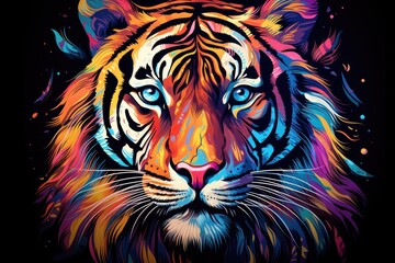 Wall Mural - Tiger head with abstract colorful background. Vector illustration. Psychedelic design, Tiger. Abstract, multicolored, neon portrait of a tiger looking forward, AI Generated