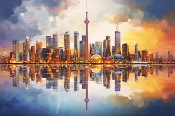 Sticker - Shanghai skyline with reflection on Huangpu river, China, Toronto City Skyline Reflection, AI Generated