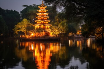 Sticker - Pagoda on the lake at night in Hanoi, Vietnam, Tran Quoc pagoda in Ha Noi capital of Vietnam, AI Generated