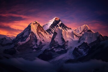 Wall Mural - Beautiful mountain landscape at sunset in Himalayas, Nepal, Twilight sky over Mount Everest, Nuptse, Lhotse and Makalu, in the Nepal Himalaya, AI Generated