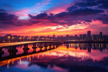 Canvas Print - Beautiful sunset over the river and cityscape in Shenzhen,China, Twilight sunset at han river seoul korea, AI Generated