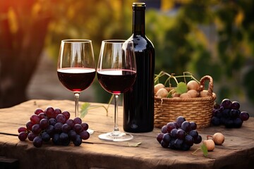 Poster - Two glasses of red wine and grapes on wooden table in vineyard, Two glasses of red wine and a bottle in the vineyard with grapes, AI Generated