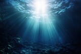 Fototapeta Do akwarium - Underwater view of coral reef with sunbeams and rays of light, Underwater Sea, Deep Water Abyss With Blue Sun light, AI Generated