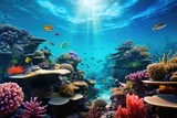 Fototapeta Do akwarium - Underwater view of coral reef and tropical fish. Underwater world, Underwater life of the Red Sea. Colorful and beautiful underwater world, AI Generated