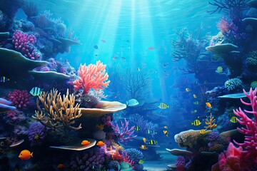 Wall Mural - Underwater world with corals and tropical fish. 3d rendering, Underwater life of the Red Sea. Colorful and beautiful underwater world, AI Generated
