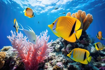 Wall Mural - Tropical fish and coral reef in the Red Sea. Egypt, Underwater view of coral reef with fishes and a yellow butterflyfish, AI Generated