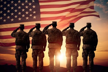 Canvas Print - Silhouette of soldiers on the background of the American flag, USA army soldiers saluting on a background of sunset or sunrise and USA flag, AI Generated