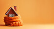 © Alina - A house wrapped in a scarf against an orange backdrop, heating system for a winterized home