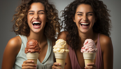 Canvas Print - Smiling women enjoying ice cream, young adults having fun generated by AI