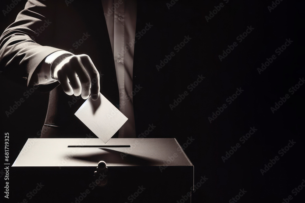 Voter putting ballot Into voting box on solid black background with ...