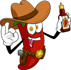 Poster - Hot Chili Pepper Cowboy Cartoon Character Present Best Hot Sauce. Vector Hand Drawn Illustration Isolated On Transparent Background
