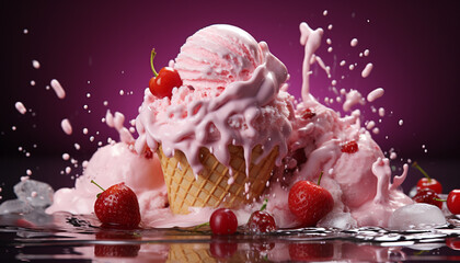 Poster - Fresh strawberry ice cream on a colorful dessert plate generated by AI