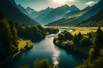 Wall Mural - A serene river winding through a peaceful valley with distant mountains
