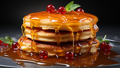 Canvas Print - Freshly baked pancake stack with chocolate sauce and berry indulgence generated by AI