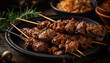 Grilled meat skewers with savory sauce, ready to eat outdoors generated by AI