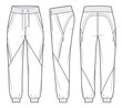Jogger Pants fashion flat technical drawing template. Sports Sweat Pants technical fashion Illustration, side pockets, elastic waistband, front, side, back view, white, women, men, unisex CAD mockup.