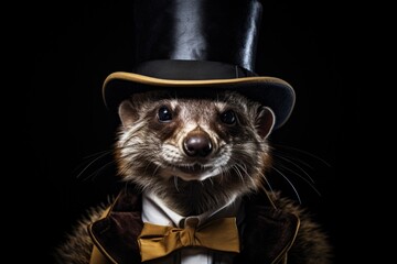 Aufkleber - A cute raccoon is dressed up in a classy top hat and bow tie. This image can be used for various purposes, such as animal-themed events, invitations, or advertisements