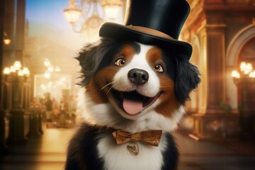 Aufkleber - A dog dressed in a sophisticated manner with a top hat and bow tie. This image can be used for various purposes, such as pet fashion, animal events, or formal occasions