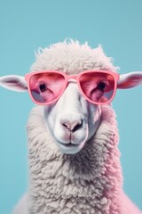 Poster - A sheep wearing pink sunglasses stands out against a vibrant blue background. Perfect for adding a playful touch to any design or project.