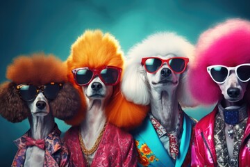 Sticker - A fun and quirky image featuring a group of dogs wearing wigs and sunglasses. Perfect for adding a touch of humor and playfulness to any project.