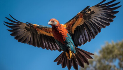 Poster - Macaw flying in tropical climate, vibrant feathers spread in freedom generated by AI