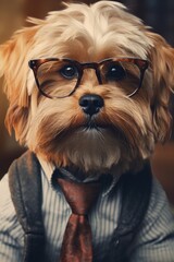 Poster - A picture of a dog wearing glasses and a tie. This image can be used to depict a smart and sophisticated canine or to represent a professional and well-dressed pet.