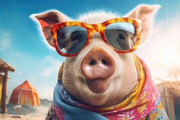 Poster - A picture of a pig wearing sunglasses on the beach. This image can be used to depict a humorous and playful scene or to illustrate the concept of relaxation and vacation