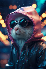 Aufkleber - A picture of a cat wearing sunglasses and a pink hoodie. This image can be used to add a fun and stylish touch to any project or design