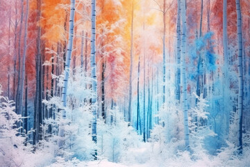Poster - A beautiful painting of a snow covered forest with tall trees. Perfect for winter-themed designs and nature-inspired projects