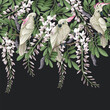 Border with acacia flowers, parrots and leaves. Vector.