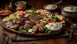 Fototapeta Natura - Grilled meat skewers on rustic plate, ready to eat gourmet meal generated by AI
