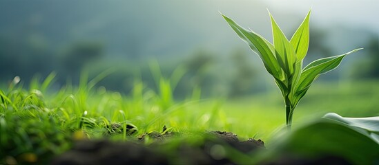 Poster - In the lush green fields of a Thai farm, a white leaf clings to the grass, showcasing the vibrant texture of a tropical plant, symbolizing the healthy nature of the Asian agriculture industry.