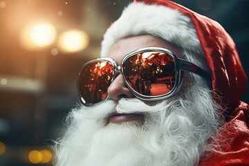 Poster - A close-up photograph of Santa Claus wearing sunglasses. This image can be used for various holiday-themed designs and promotions.