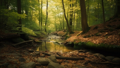 Poster - Tranquil scene of flowing water in autumn forest wilderness area generated by AI