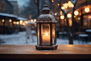 Poster - A lit candle placed on a wooden table. This picture can be used to create a cozy and warm atmosphere in various settings.