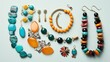 An overhead shot of a flat lay featuring a variety of colorful accessories like bracelets