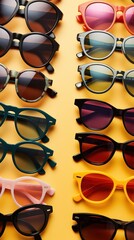 Sticker - An overhead shot of a flat lay featuring a variety of sleek and modern sunglasses