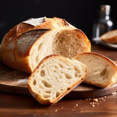 Breaking open a loaf of fresh bread reveals its tender crumb, speckled with air pockets