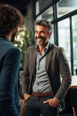 Wall Mural - Smiling businessman is talking with friend. Business vibe