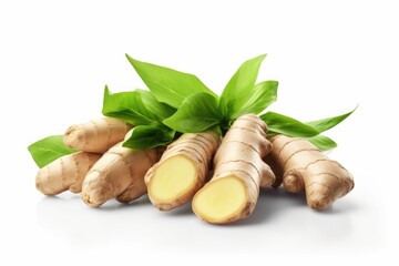 Poster - A bunch of fresh gingers with green leaves. Suitable for culinary, herbal, or organic-themed projects.