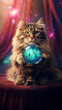 Gato e bola de cristal, fundo com galáxias e estrelas universais