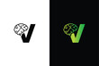 Initial letter V brain logo and icon vector illustration template design. Letter V Brain Idea Logo.