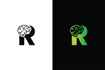 Wall Mural - Initial letter R brain logo and icon vector illustration template design. Letter R Brain Idea Logo.