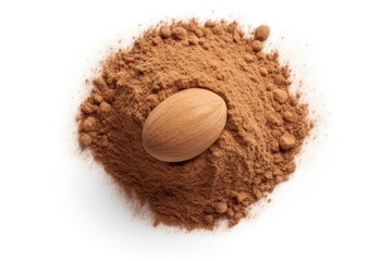 Poster - A simple yet striking image of a nut and powder placed on a clean white surface. Perfect for illustrating concepts of health, nutrition, and natural ingredients.