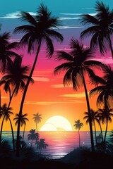 Poster - A beautiful sunset with palm trees and a boat on the water. Perfect for travel and vacation themes