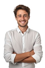 Aufkleber - A picture of a man wearing a white shirt and smiling, with his arms crossed. Suitable for business, professional, or casual contexts