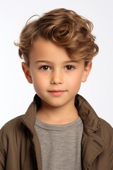 Poster - A young boy wearing a brown jacket and a gray t-shirt. This versatile image can be used for various purposes
